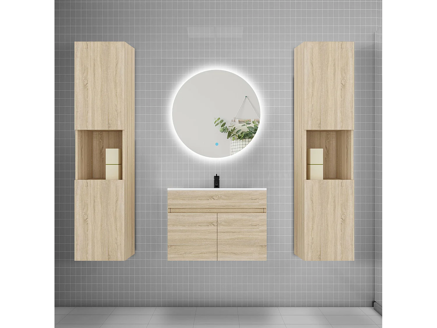 Ensemble meuble vasque L.60cm lavabo + colonne + LED miroir rond 60cm,chêne