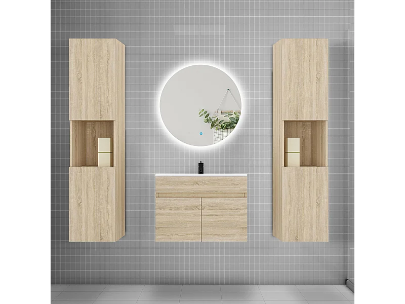 Ensemble meuble vasque L.60cm lavabo + colonne + LED miroir rond 60cm,chêne