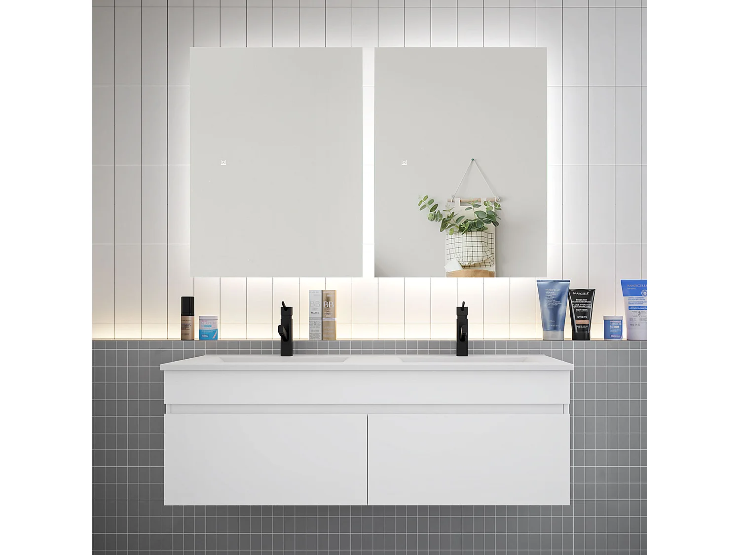 Ensemble meuble vasque L.120cm lavabo + LED miroir 60cm,blanc