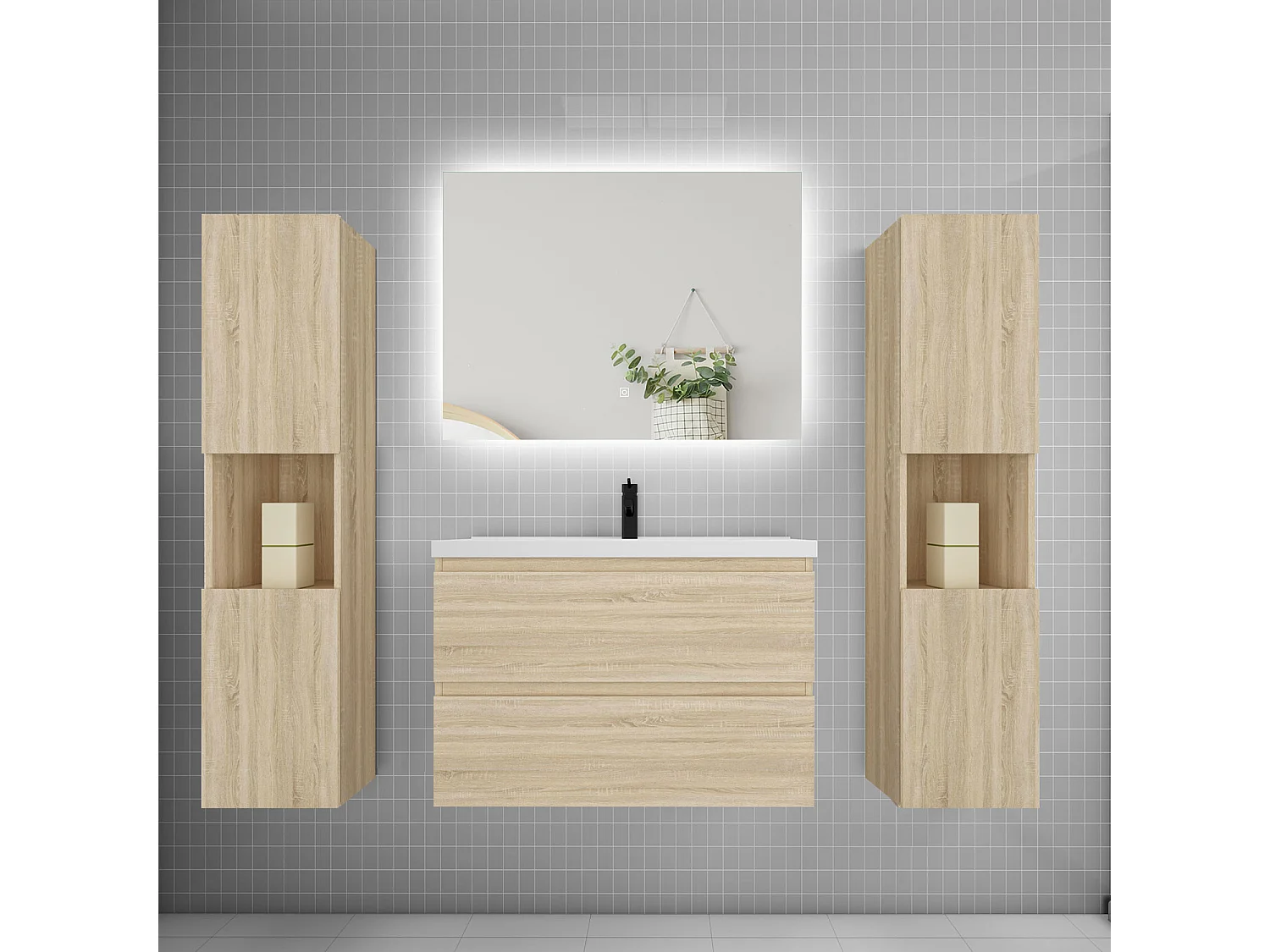 Ensemble meuble vasque L.80cm 2 tiroirs + lavabo + colonne + LED miroir 80cm,chêne