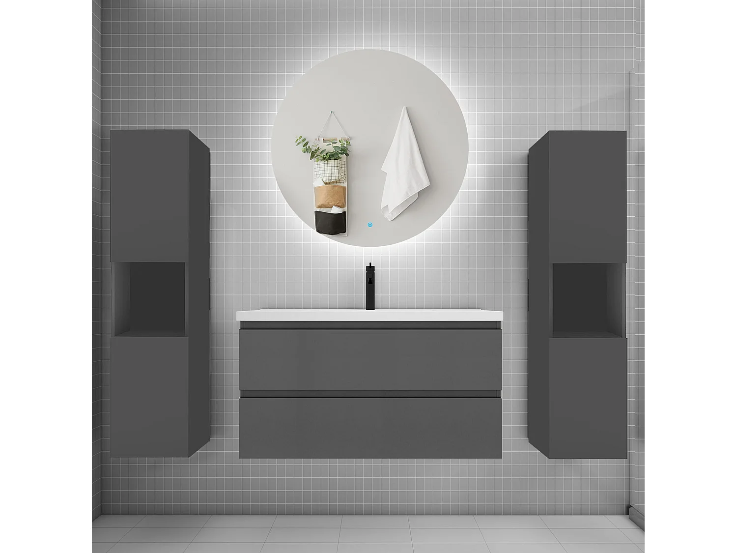 Ensemble meuble vasque L.100cm 2 tiroirs + lavabo + colonne + LED miroir rond 100cm,anthracite