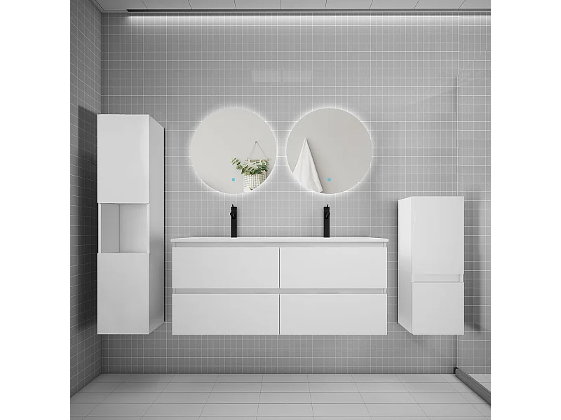 Ensemble meuble vasque L.120cm 2 tiroirs + lavabo + colonne + miroir rond,blanc