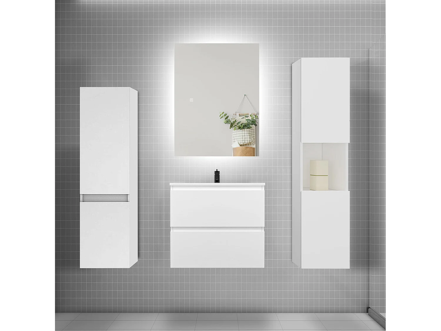 Ensemble meuble vasque L.60cm 2 tiroirs + lavabo + colonne + miroir mural 60cm,blanc