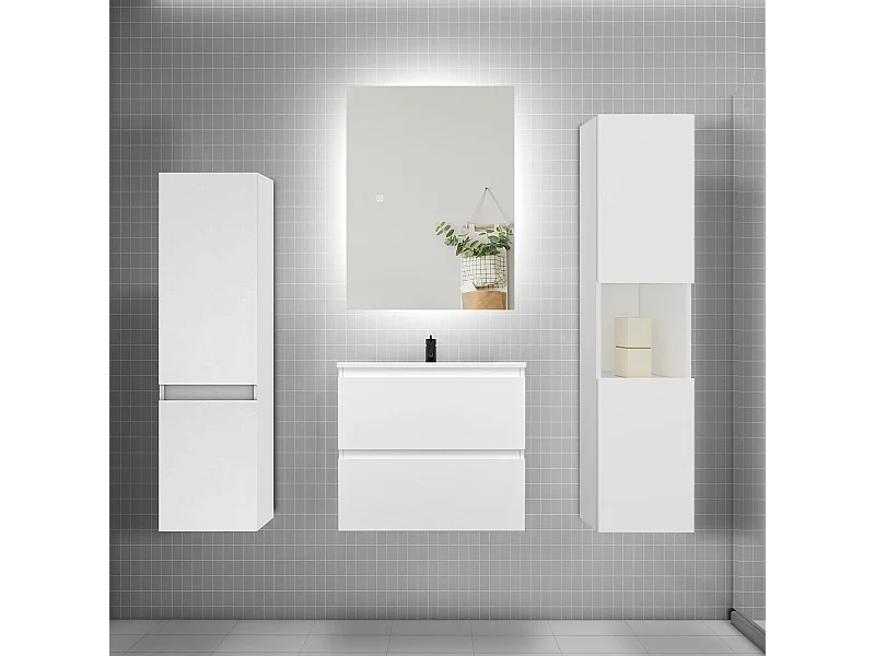 Ensemble meuble vasque L.60cm 2 tiroirs + lavabo + colonne + miroir mural 60cm,blanc