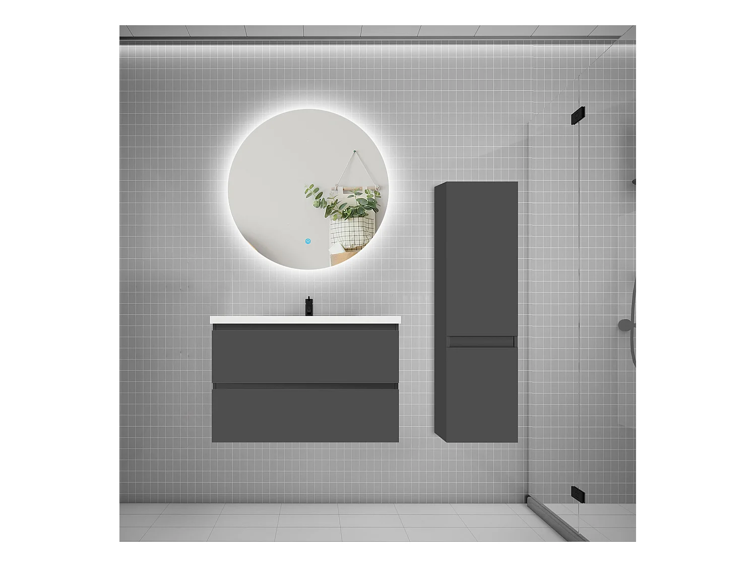 Ensemble meuble simple vasque 80cm 2 tiroirs + lavabo + colonne + miroir rond,anthracite