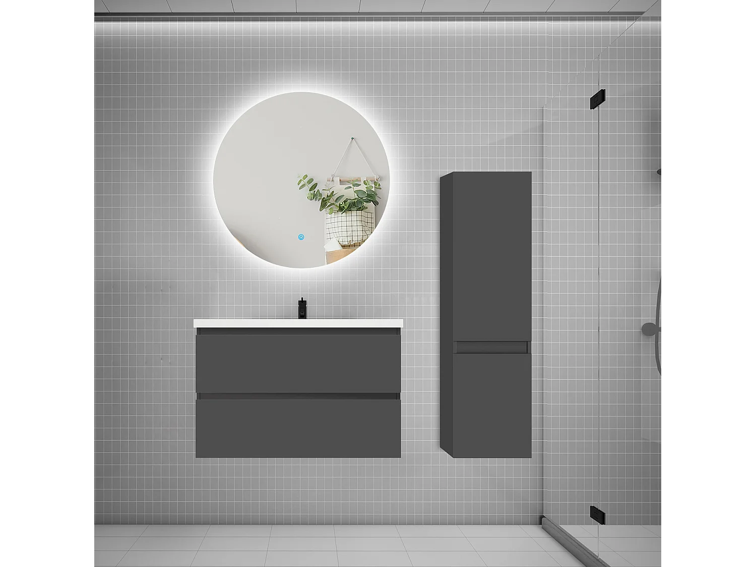 Ensemble meuble simple vasque 80cm 2 tiroirs + lavabo + colonne + miroir rond,anthracite