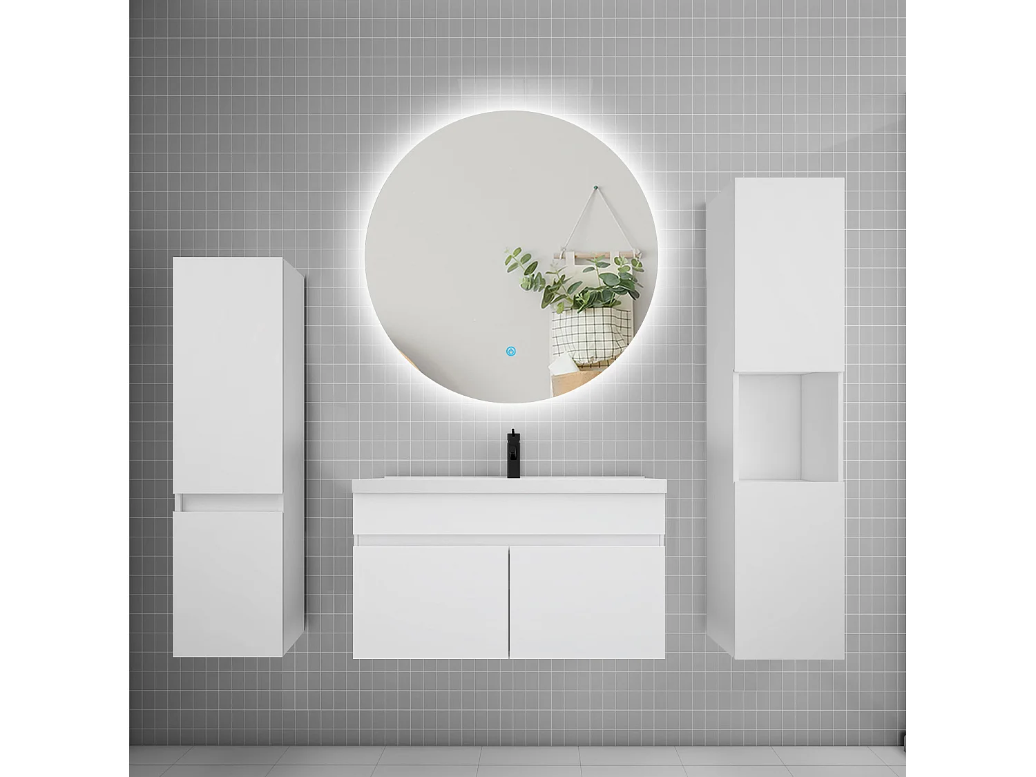 Ensemble meuble vasque L.80cm lavabo + colonne + miroir rond mural 80cm,blanc