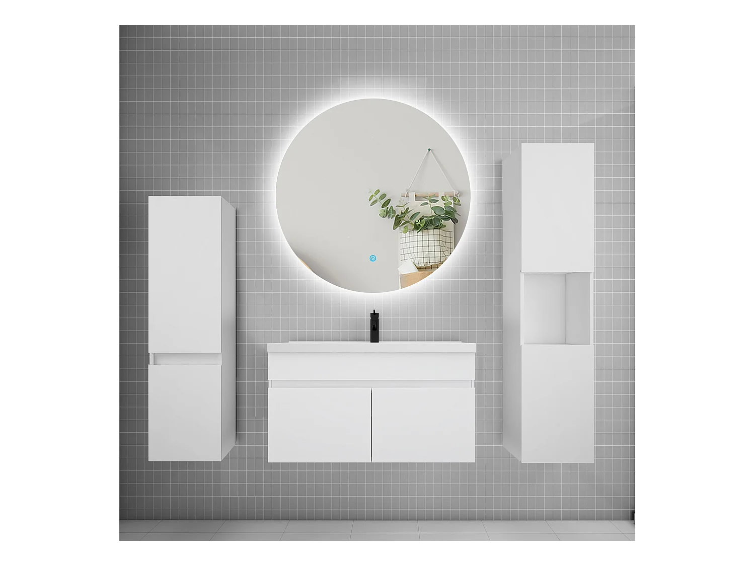 Ensemble meuble vasque L.80cm lavabo + colonne + miroir rond mural 80cm,blanc