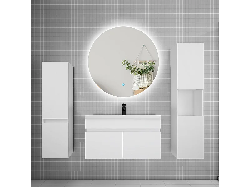 Ensemble meuble vasque L.80cm lavabo + colonne + miroir rond mural 80cm,blanc