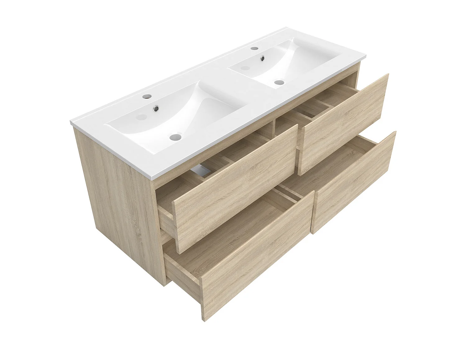 Ensemble meuble vasque L.120cm 2 tiroirs + lavabo + colonne + miroir rond,chêne