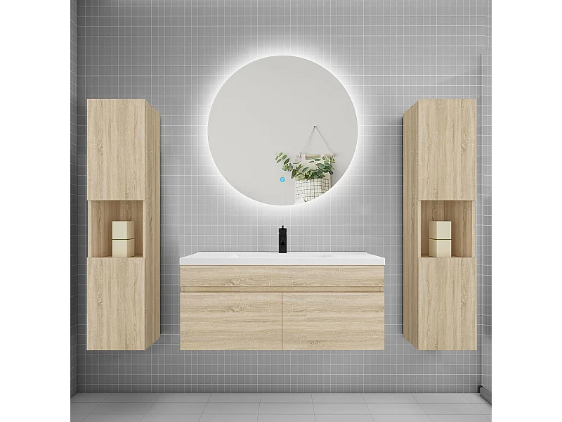 Ensemble meuble vasque L.100cm lavabo + colonne + LED miroir rond 100cm,chêne