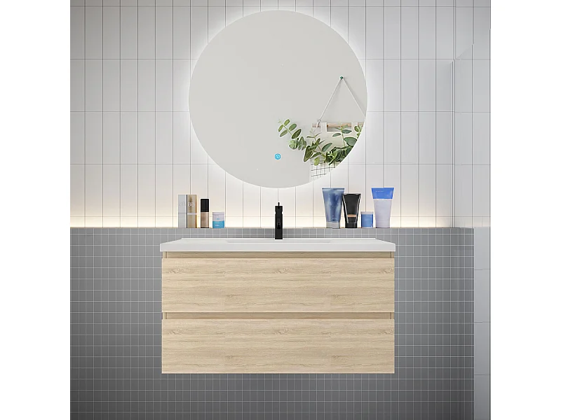 Ensemble meuble vasque L.100cm 2 tiroirs + lavabo + LED miroir rond 100cm,chêne