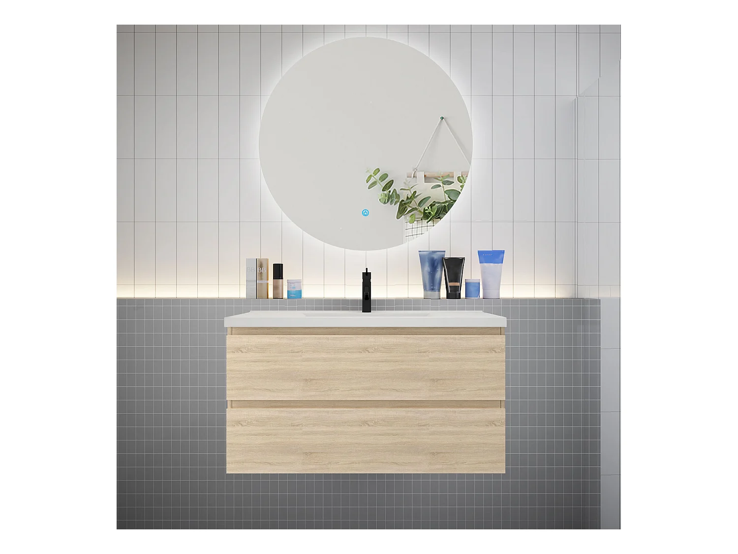 Ensemble meuble vasque L.100cm 2 tiroirs + lavabo + LED miroir rond 100cm,chêne