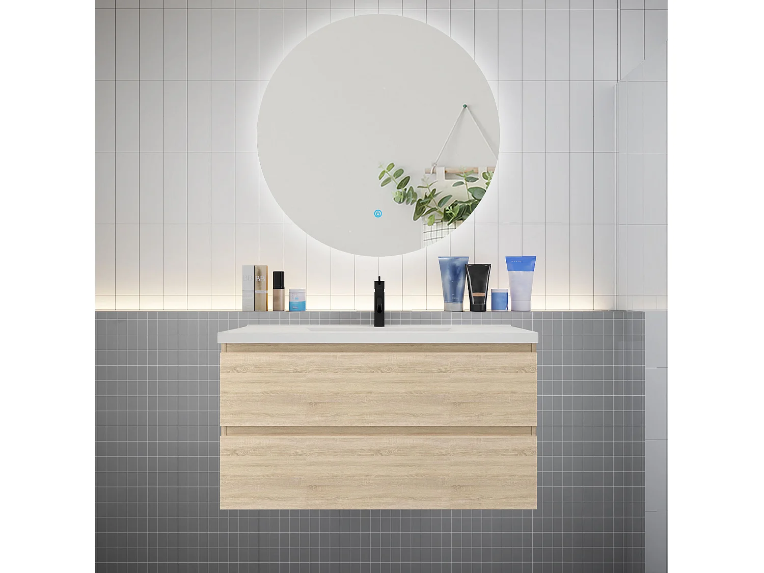 Ensemble meuble vasque L.100cm 2 tiroirs + lavabo + LED miroir rond 100cm,chêne