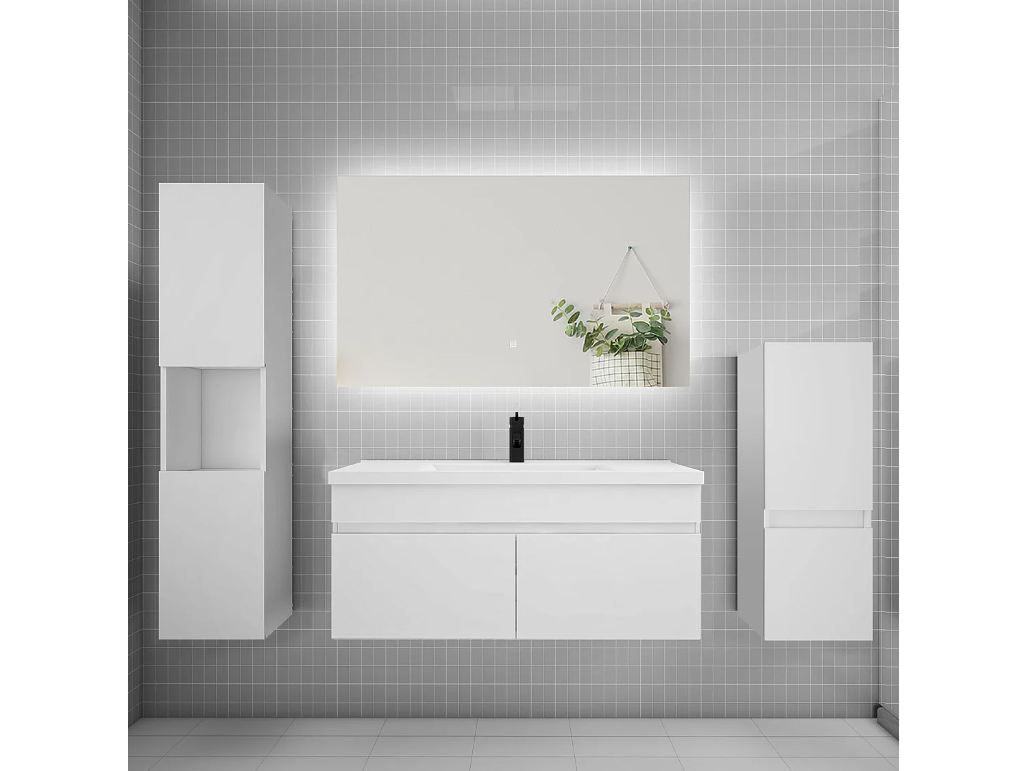 Ensemble meuble vasque L.100cm lavabo + colonne + miroir,blanc
