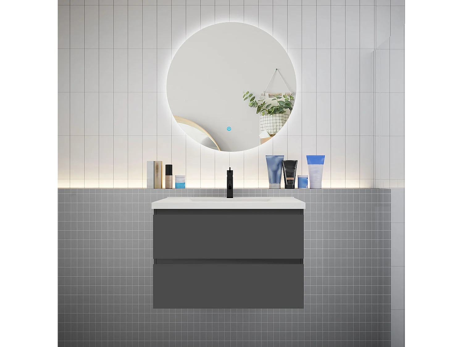 Ensemble meuble vasque L.80cm 2 tiroirs + lavabo + LED miroir rond 80cm,anthracite