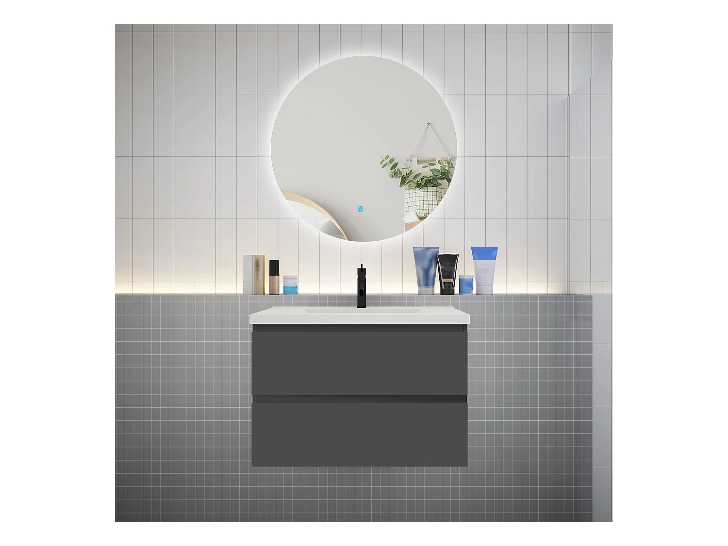 Ensemble meuble vasque L.80cm 2 tiroirs + lavabo + LED miroir rond 80cm,anthracite