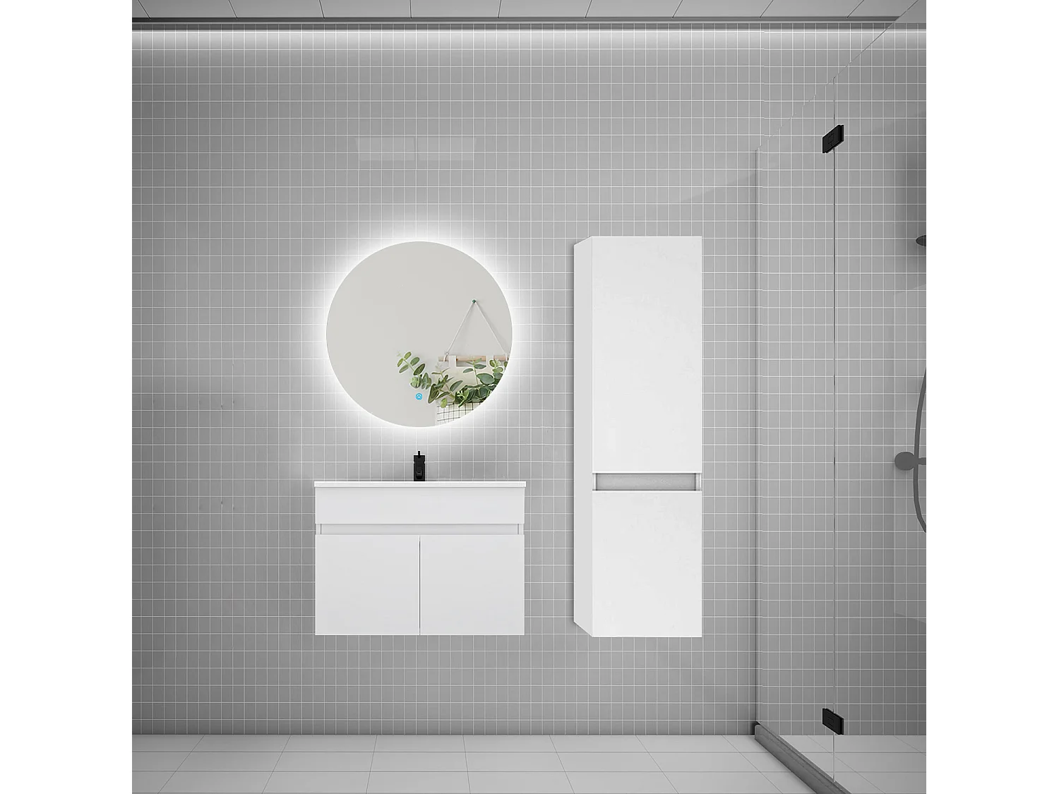 Ensemble meuble simple vasque 60cm lavabo + colonne + miroir rond,blanc