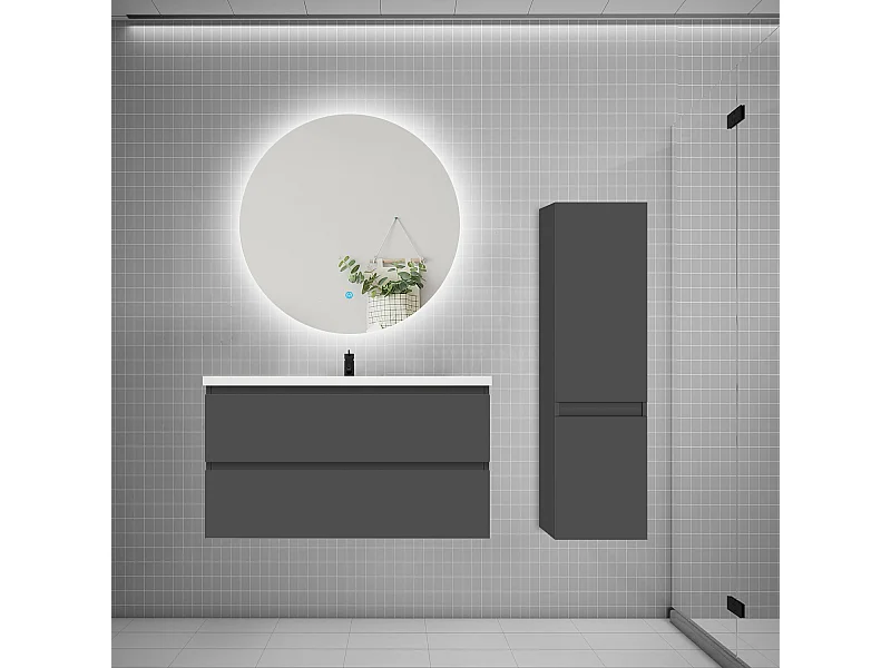 Ensemble meuble simple vasque 100cm 2 tiroirs + lavabo + colonne + miroir rond,anthracite