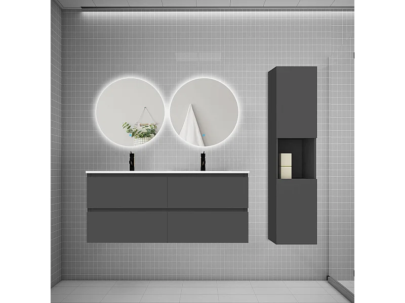 Ensemble meuble vasque 120cm 2 tiroirs + lavabo + colonne + miroir rond,anthracite