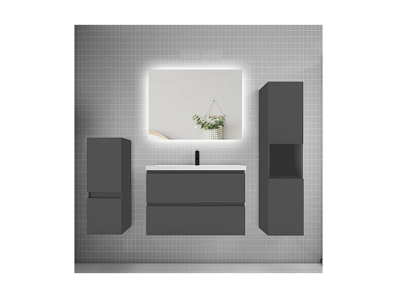 Ensemble meuble vasque L.80cm 2 tiroirs + lavabo + colonne + miroir,anthracite
