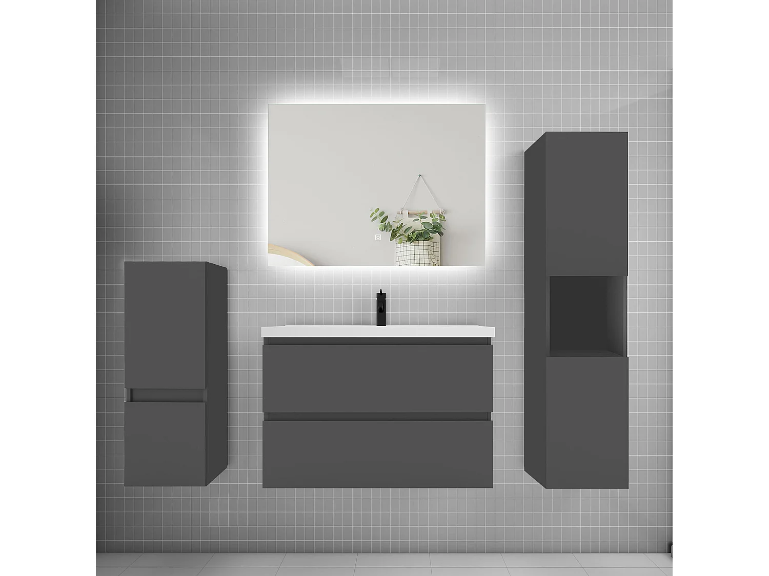 Ensemble meuble vasque L.80cm 2 tiroirs + lavabo + colonne + miroir,anthracite