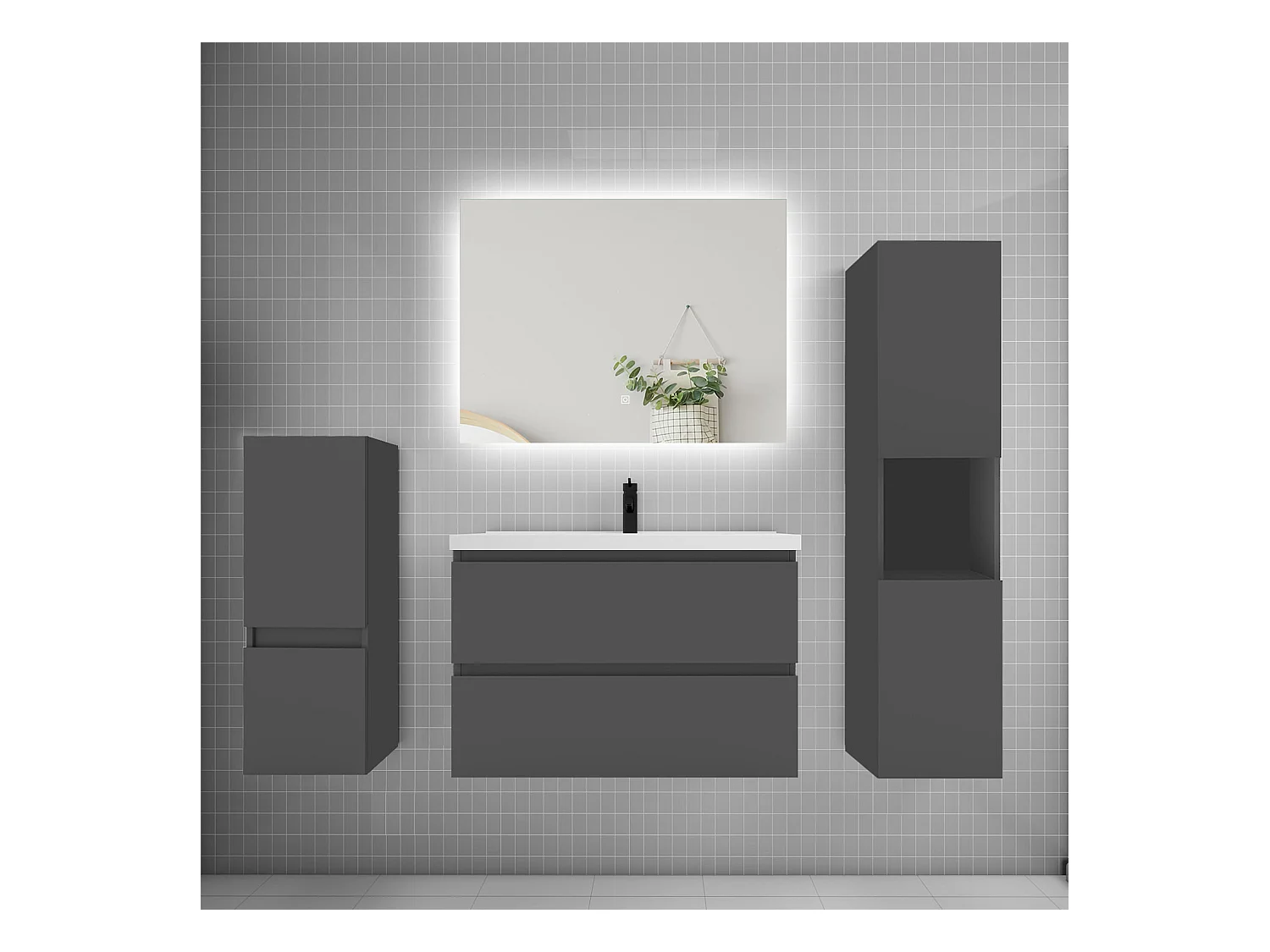 Ensemble meuble vasque L.80cm 2 tiroirs + lavabo + colonne + miroir,anthracite