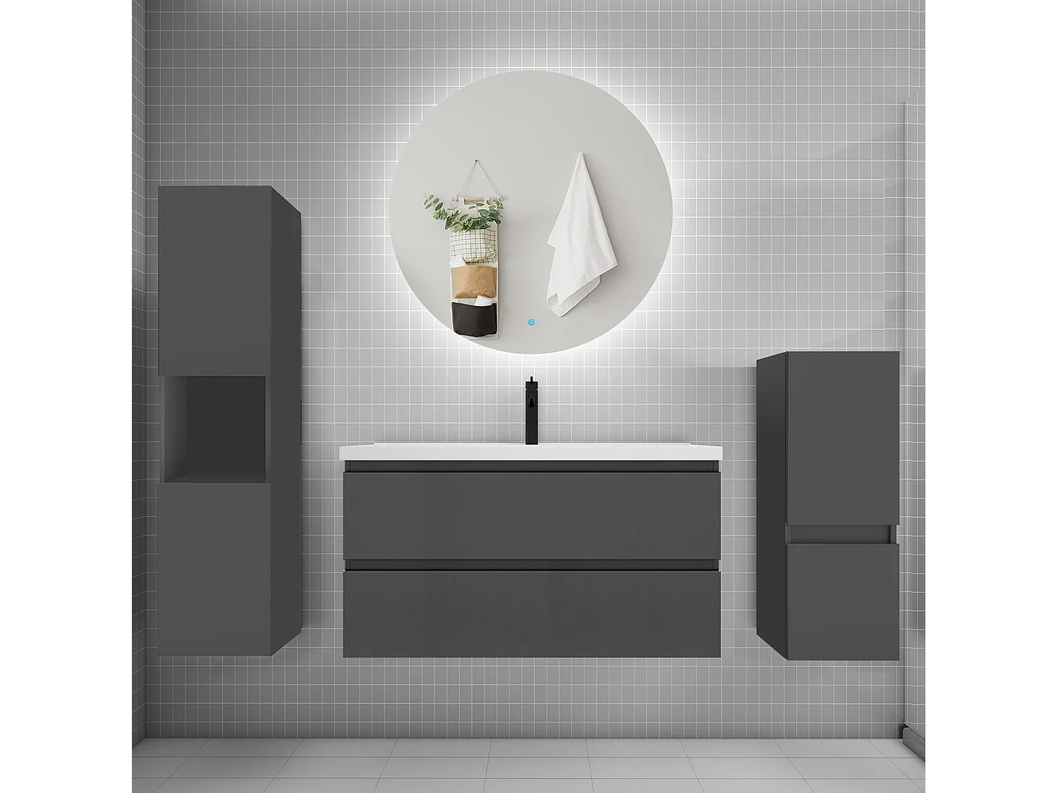 Ensemble meuble vasque L.100cm 2 tiroirs + lavabo + colonne + miroir rond,anthracite