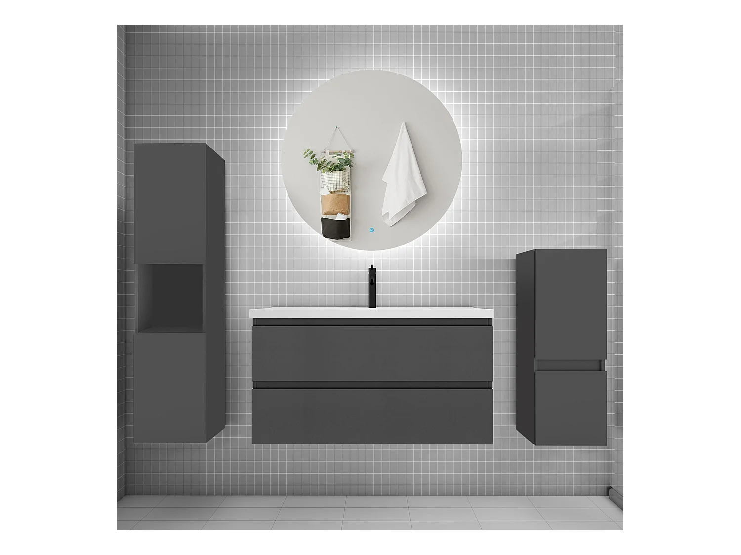 Ensemble meuble vasque L.100cm 2 tiroirs + lavabo + colonne + miroir rond,anthracite