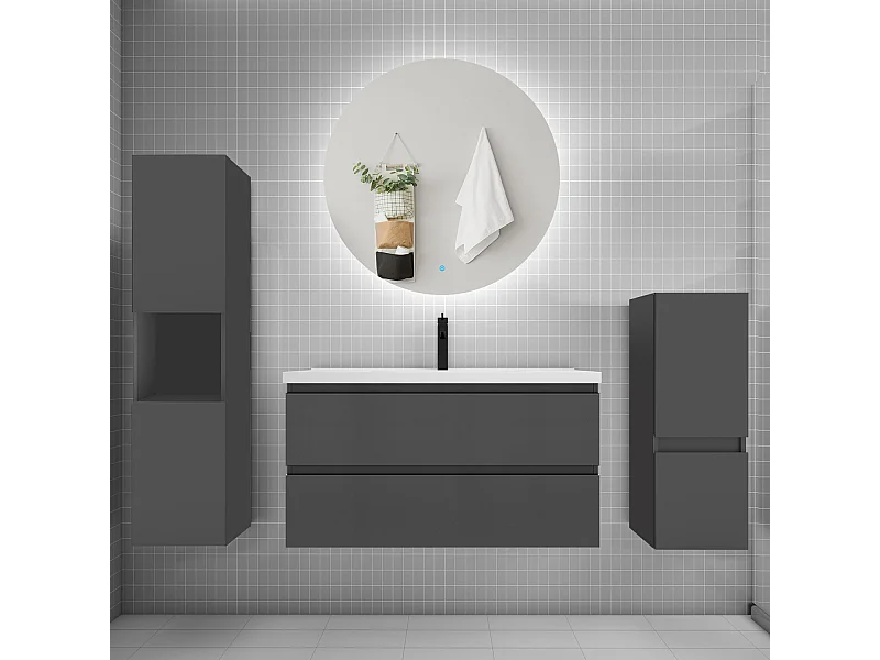 Ensemble meuble vasque L.100cm 2 tiroirs + lavabo + colonne + miroir rond,anthracite