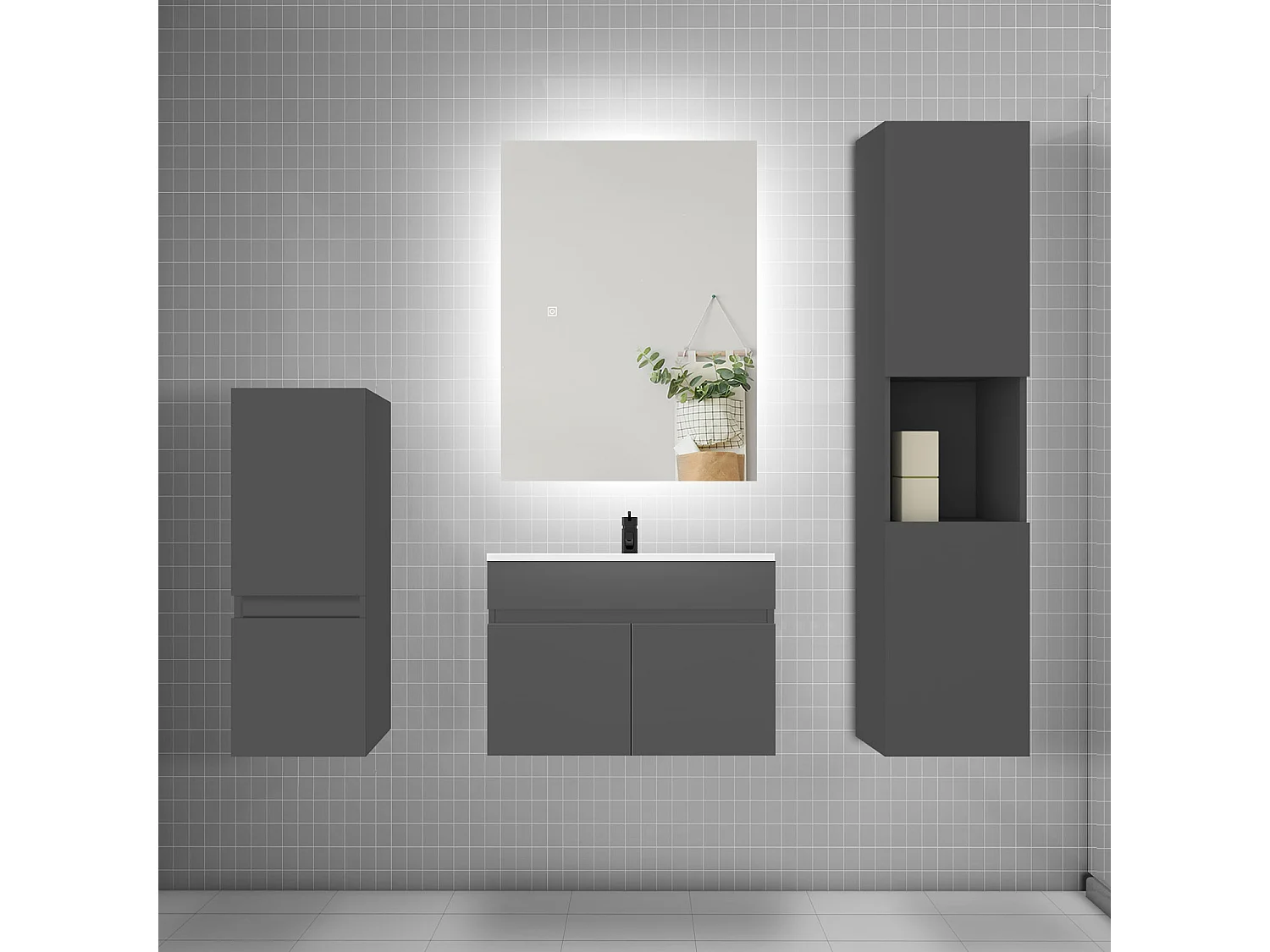 Ensemble meuble vasque L.60cm lavabo + colonne + miroir,anthracite