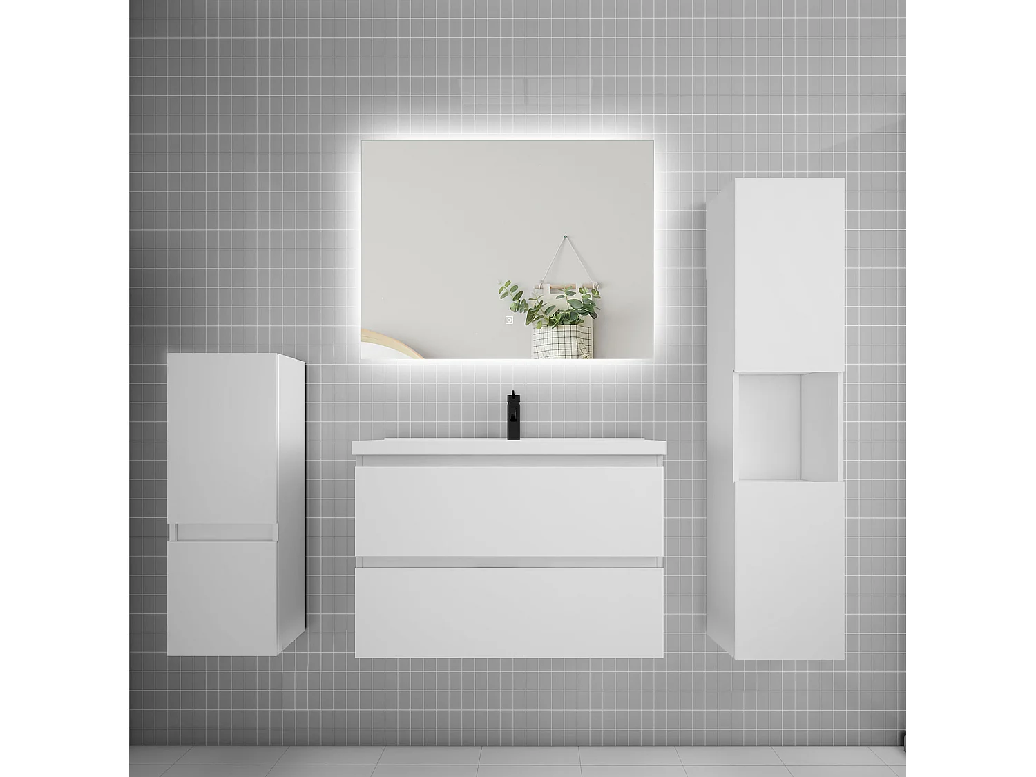 Ensemble meuble vasque L.80cm 2 tiroirs + lavabo + colonne + miroir,blanc