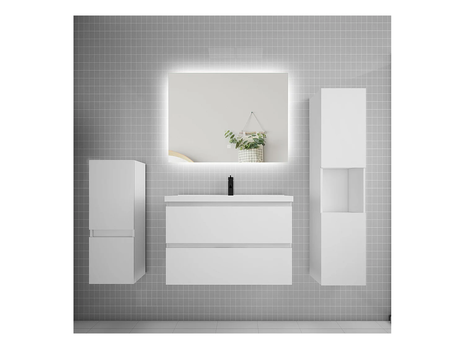 Ensemble meuble vasque L.80cm 2 tiroirs + lavabo + colonne + miroir,blanc