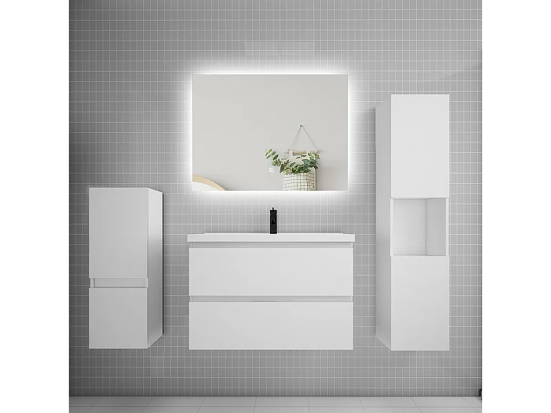 Ensemble meuble vasque L.80cm 2 tiroirs + lavabo + colonne + miroir,blanc
