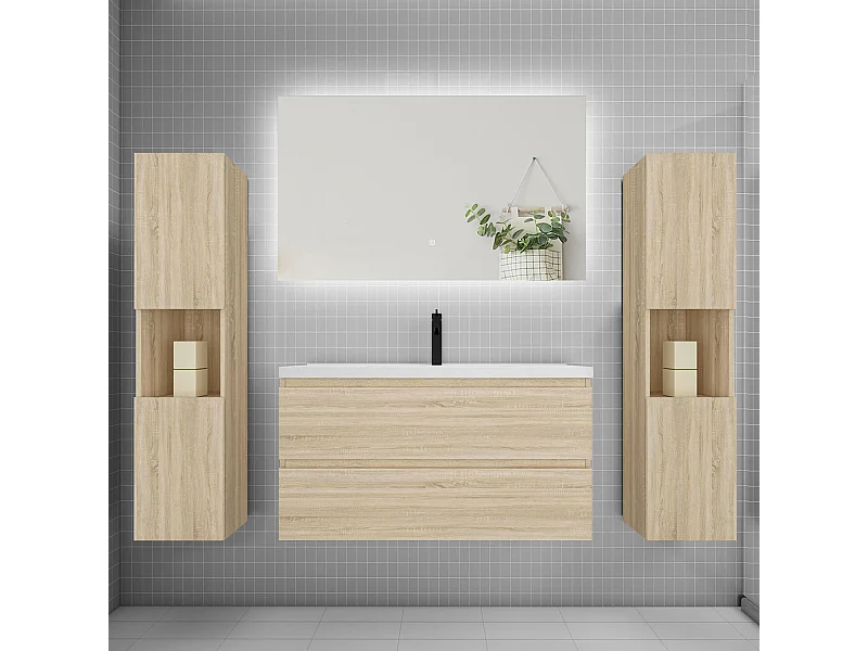 Ensemble meuble vasque L.100cm 2 tiroirs + lavabo + colonne + LED miroir 100cm,chêne