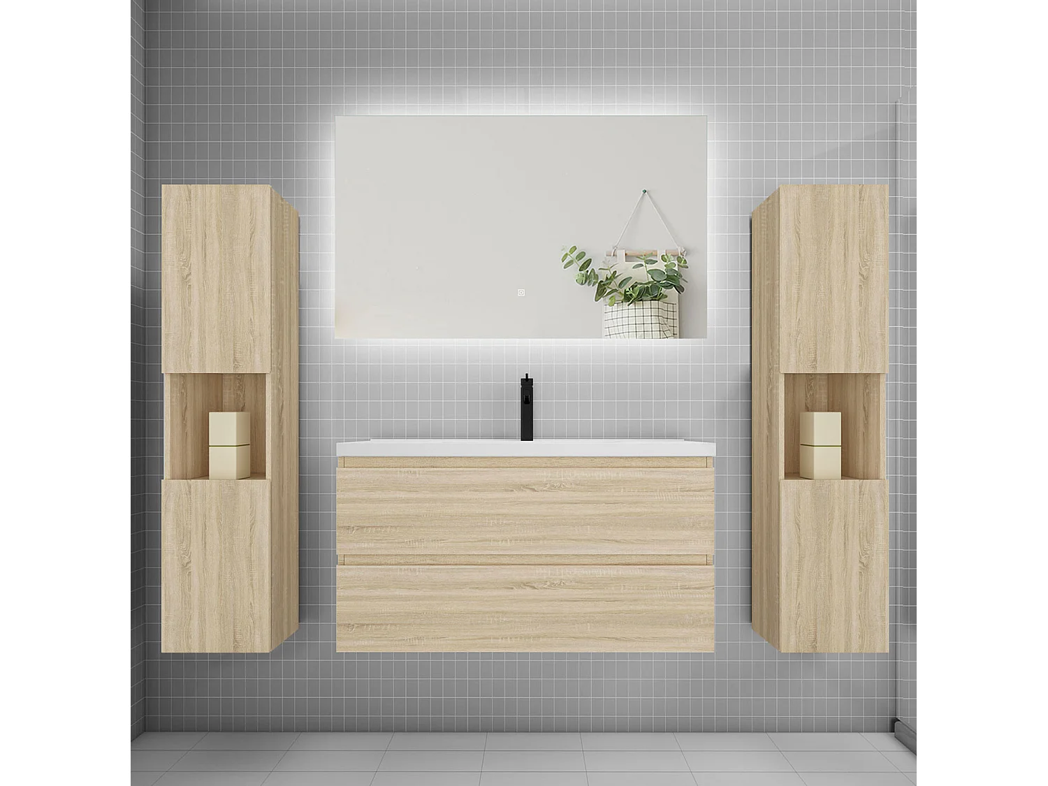 Ensemble meuble vasque L.100cm 2 tiroirs + lavabo + colonne + LED miroir 100cm,chêne