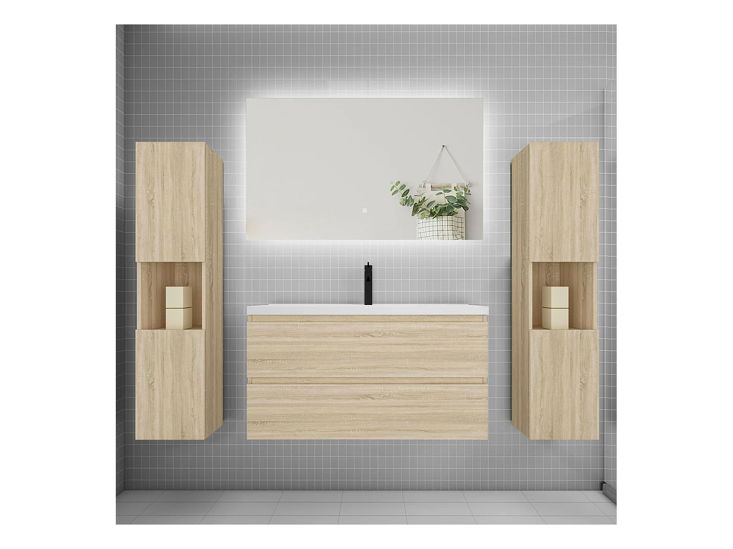 Ensemble meuble vasque L.100cm 2 tiroirs + lavabo + colonne + LED miroir 100cm,chêne