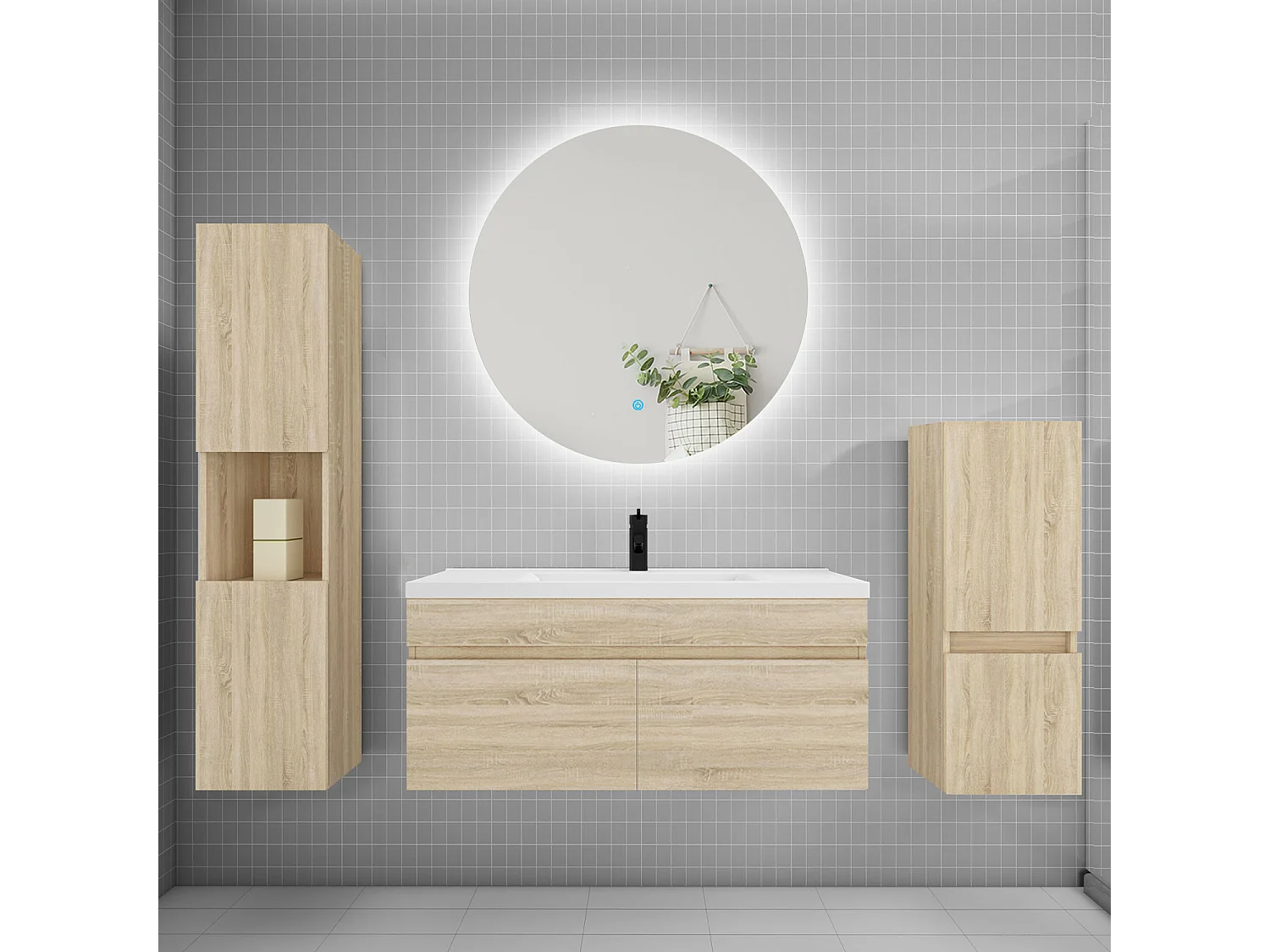 Ensemble meuble vasque L.100cm lavabo + colonne + miroir rond,chêne