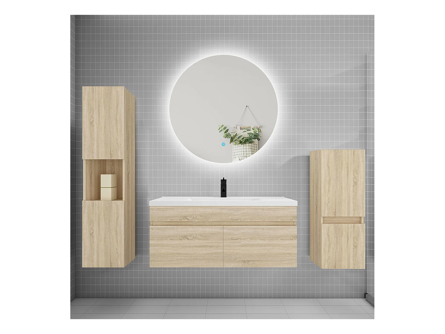 Ensemble meuble vasque L.100cm lavabo + colonne + miroir rond,chêne
