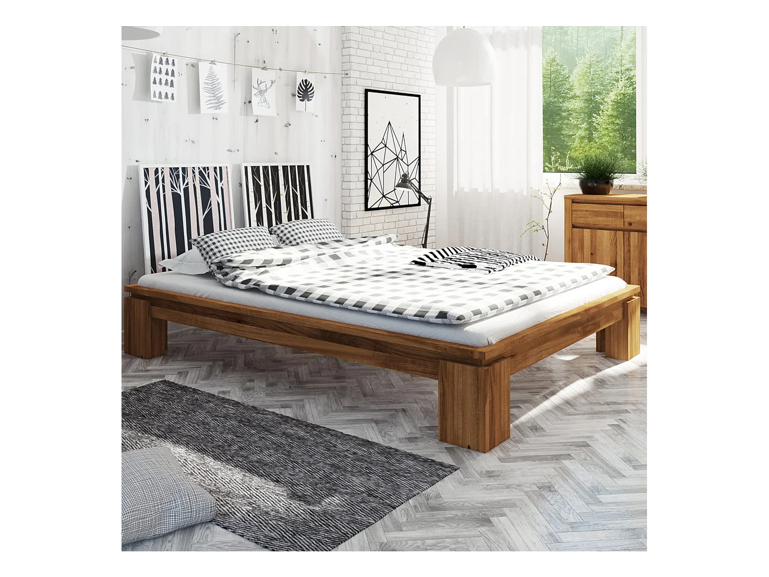 Lit avec pieds carrés en chêne massif 160x200  - LT36011