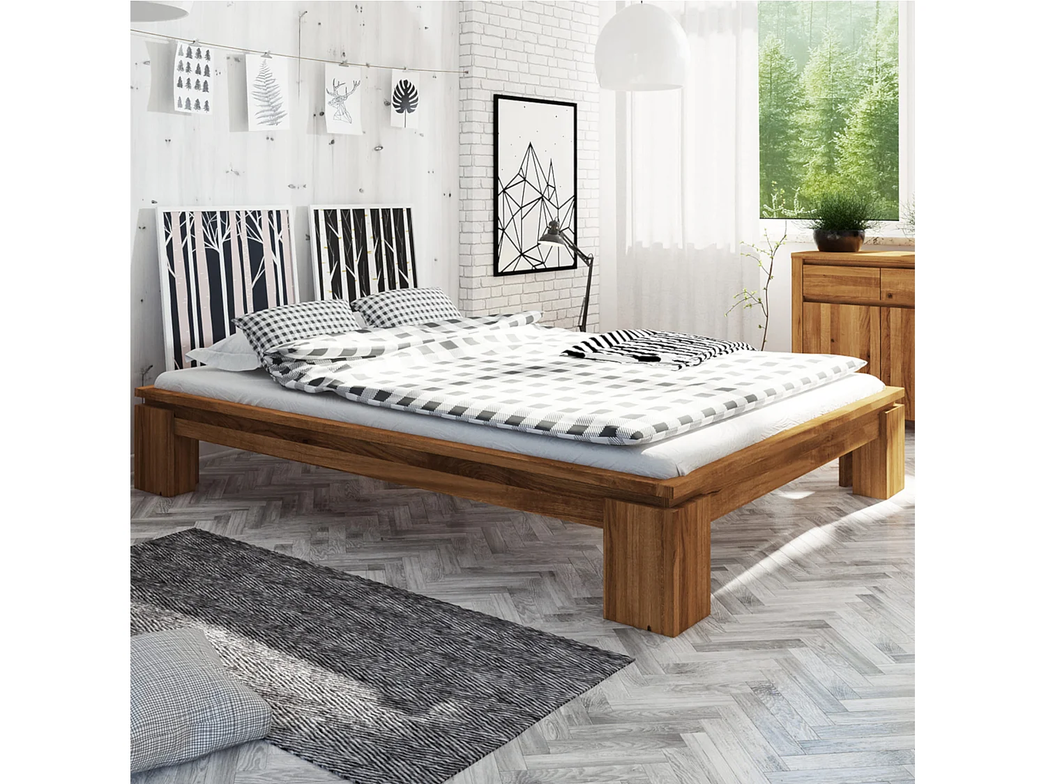 Lit avec pieds carrés en chêne massif 160x200  - LT36011