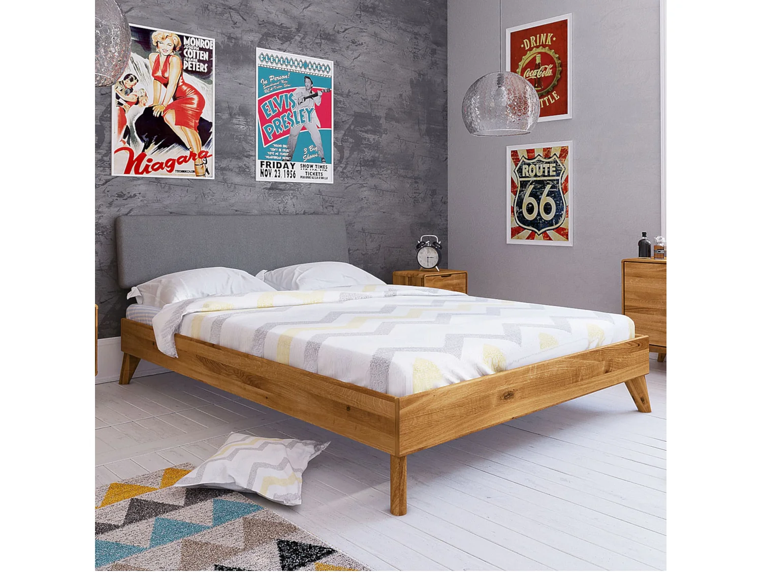 Lit en chêne massif avec tête de lit en tissu 160x200 - LT36010