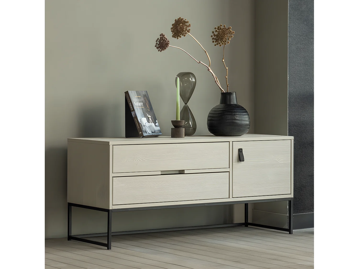 Silas - Meuble TV 1 porte 1 tiroir en bois L120cm - Beige