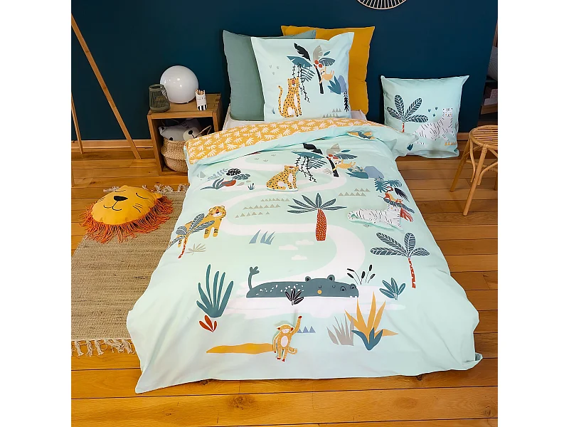 Parure de lit enfant JUNGLE MANIA 140x200 cm microfibre vert