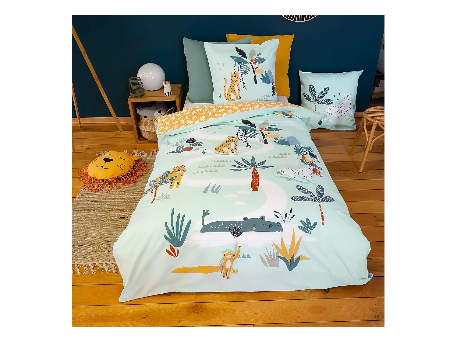 Parure de lit enfant JUNGLE MANIA 140x200 cm microfibre vert