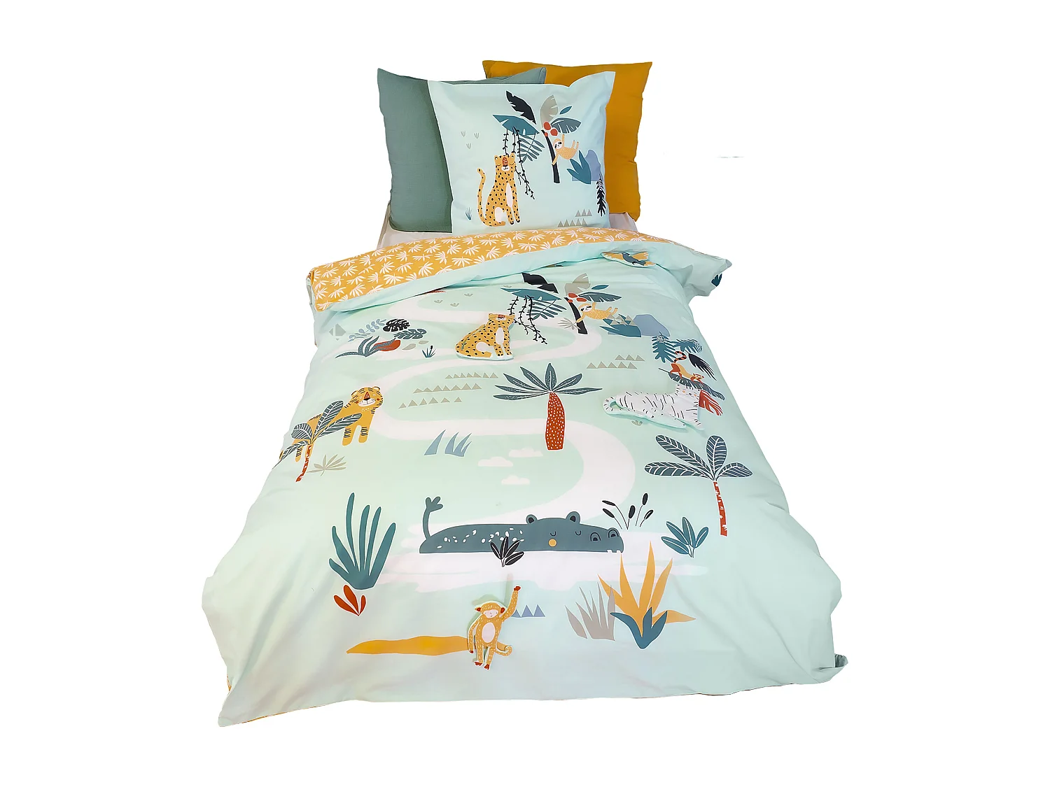 Parure de lit enfant JUNGLE MANIA 140x200 cm microfibre vert