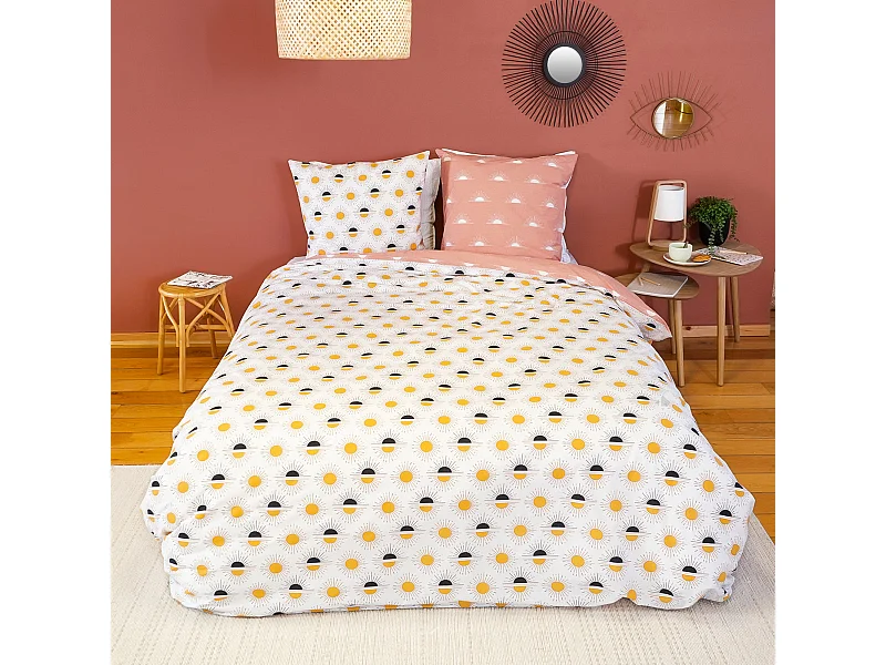 Parure de lit TERRAMEA 240x220 cm pur coton blanc motifs solaires 3 pièces