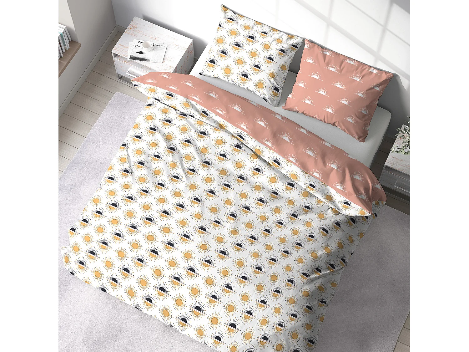 Parure de lit TERRAMEA 240x220 cm pur coton blanc motifs solaires 3 pièces