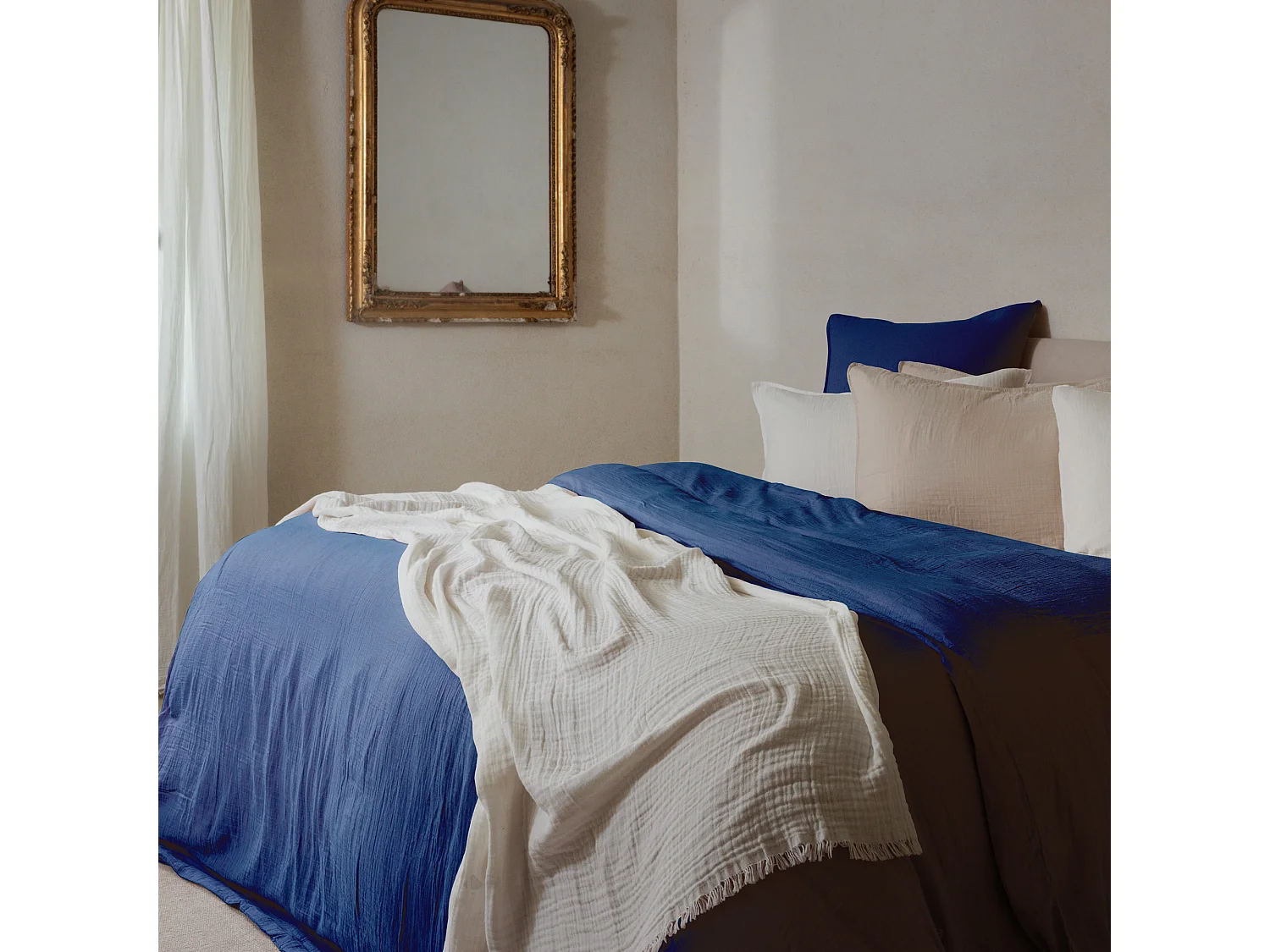 Taie d'oreiller 50x70 cm mousseline de coton MILOS bleu indigo