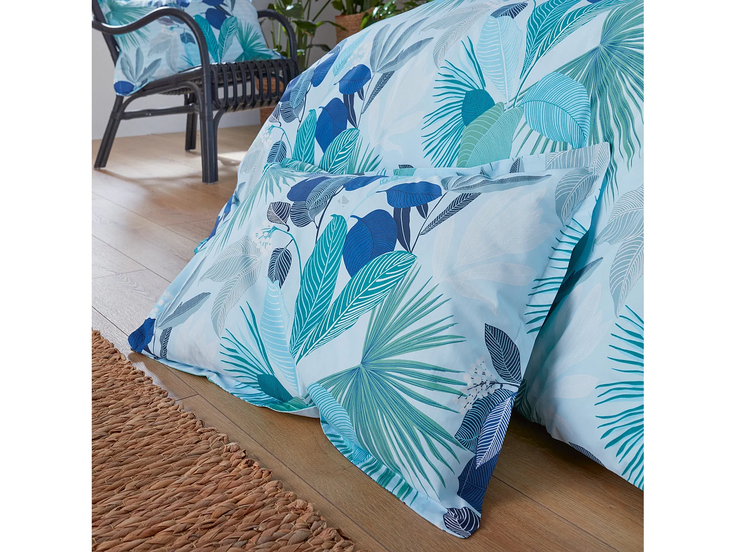 Parure de lit 260x240 cm taies 50x70 cm percale de coton MOOREA PACIFIC bleu/vert 3 pièces